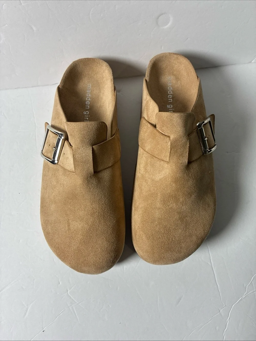 Madden Girl Tan Suede Slip-On Clogs with Silver Buckles